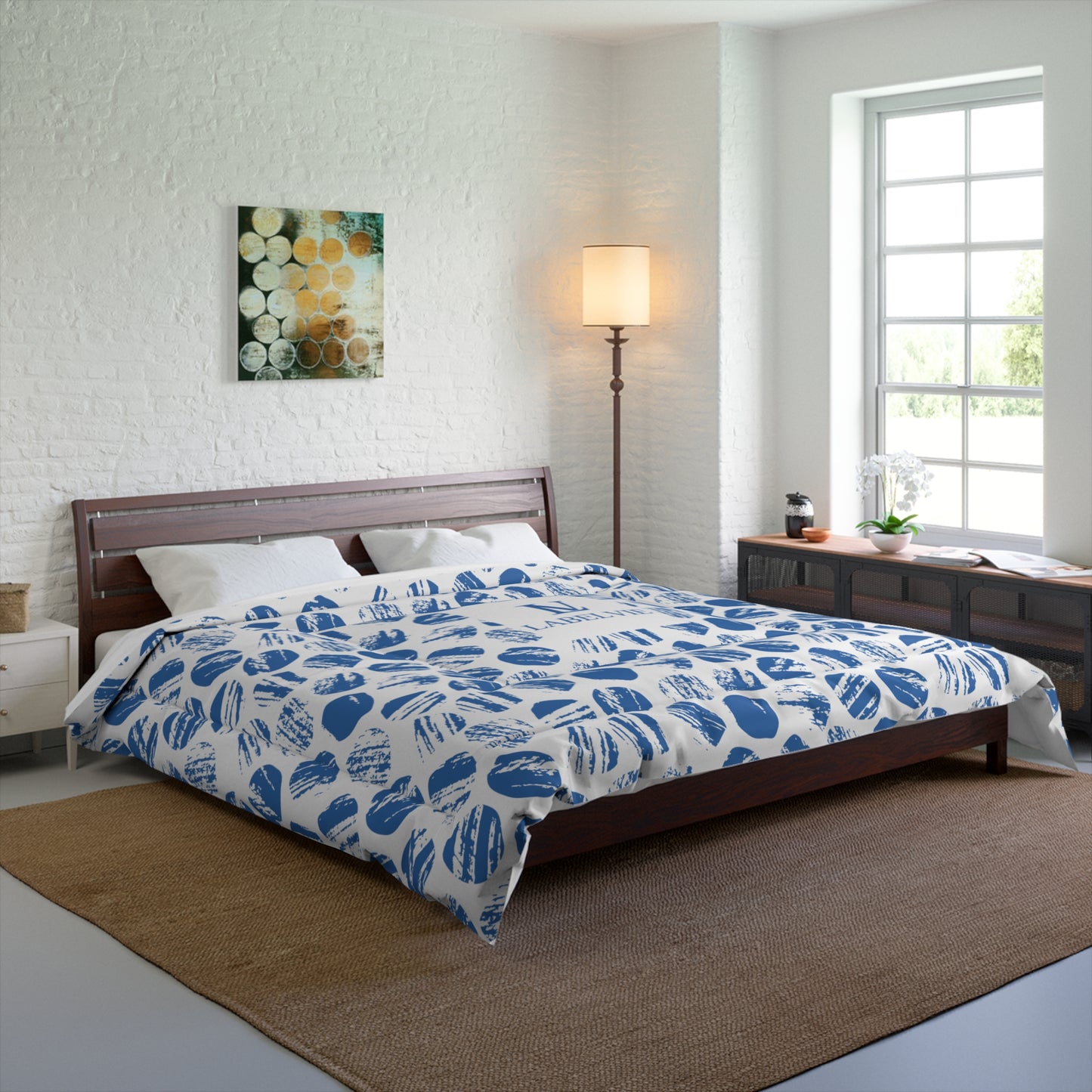 Blue Patterned Comforter, Abstract Design Bedding, Cozy Bedroom Decor, Thoughtful Gift for Homewarming, Stylish Bedspread