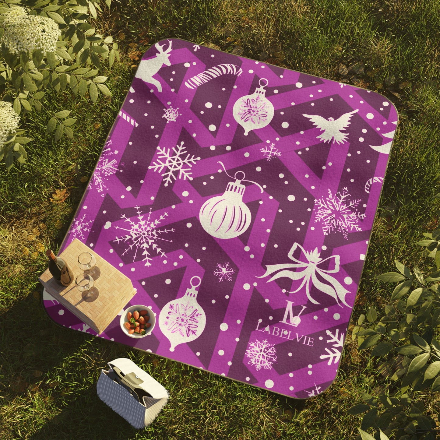 Purple Holiday Picnic Blanket — Festive Snowflakes, Ornaments & Birds Outdoor Throw