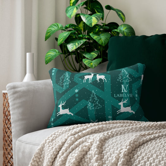 Christmas Reindeer Lumbar Pillow — Teal Holiday Tree Pattern