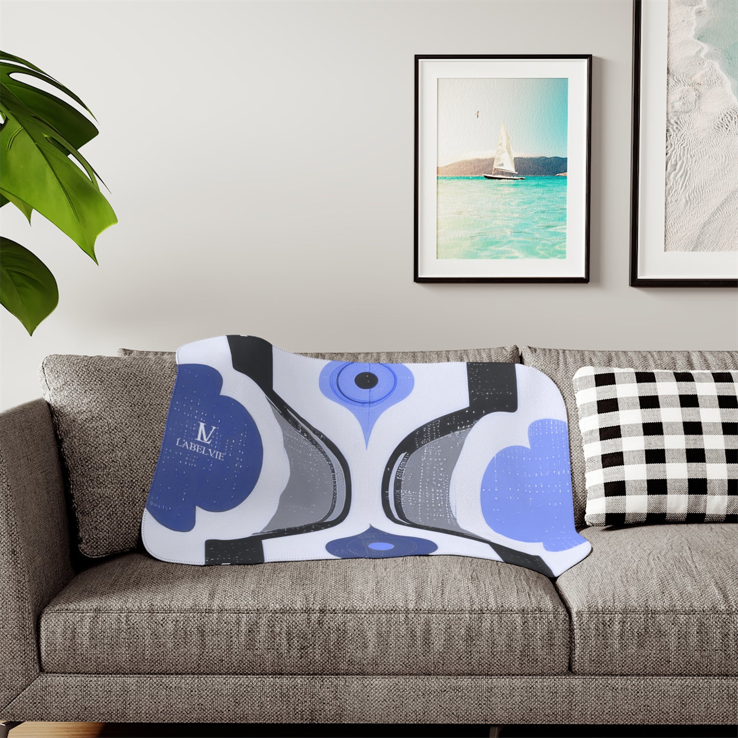 Blue Geometric Sherpa Blanket — Reversible Two-Tone Cozy Throw