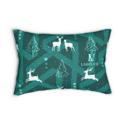 Christmas Reindeer Lumbar Pillow — Teal Holiday Tree Pattern