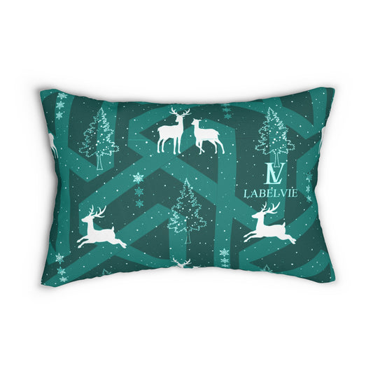 Christmas Reindeer Lumbar Pillow — Teal Holiday Tree Pattern