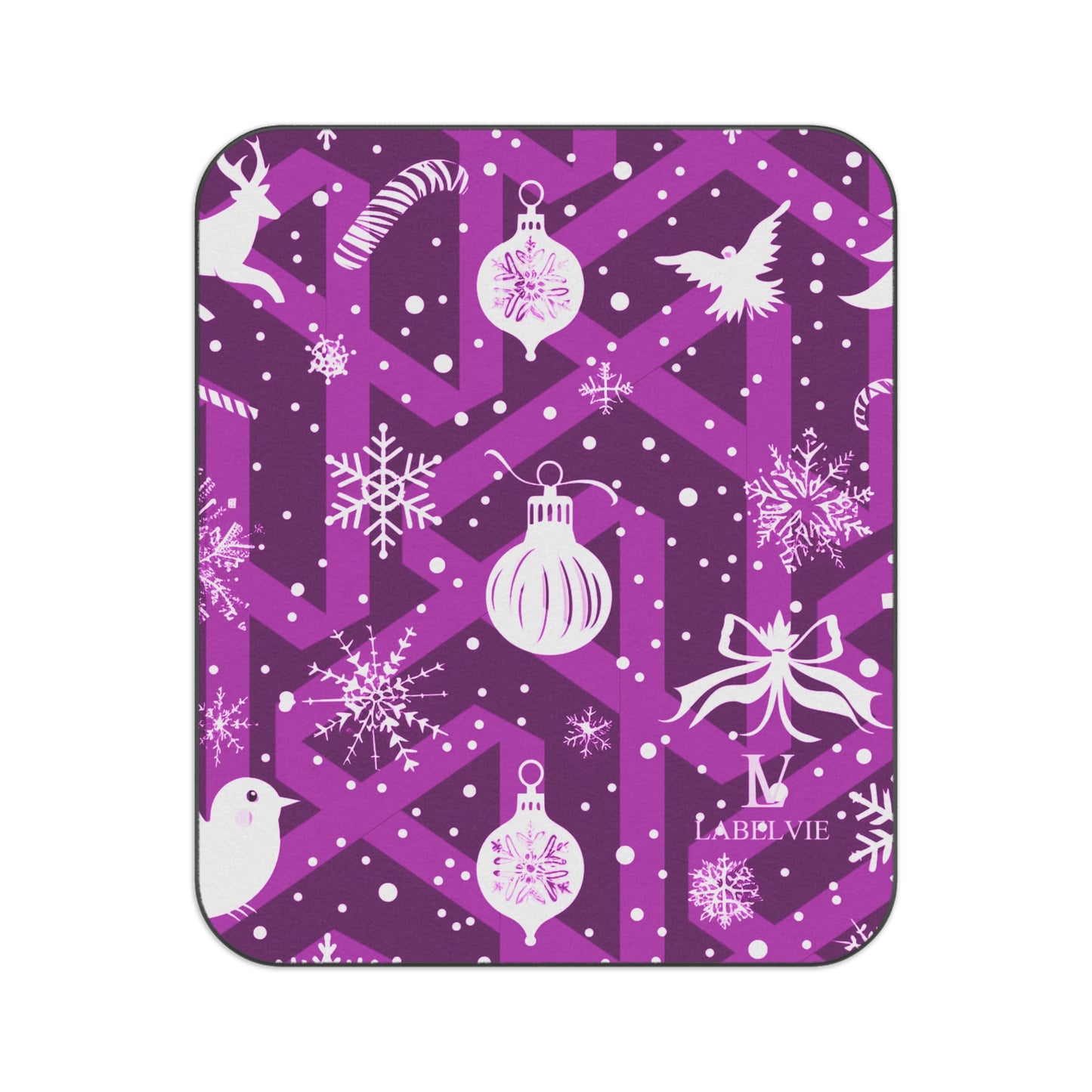 Purple Holiday Picnic Blanket — Festive Snowflakes, Ornaments & Birds Outdoor Throw