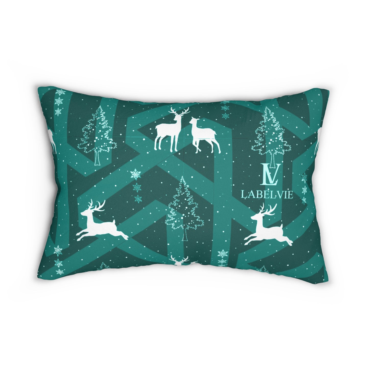 Christmas Reindeer Lumbar Pillow — Teal Holiday Tree Pattern